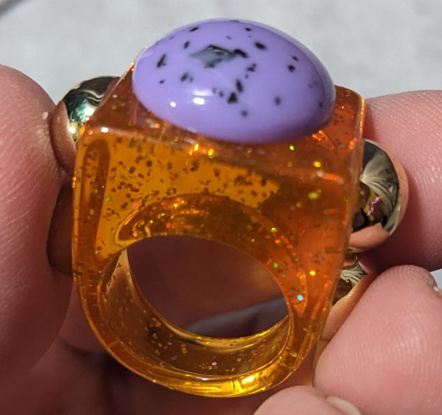 Chunky Translucent Orange Glitter Ring With Gold … - image 12