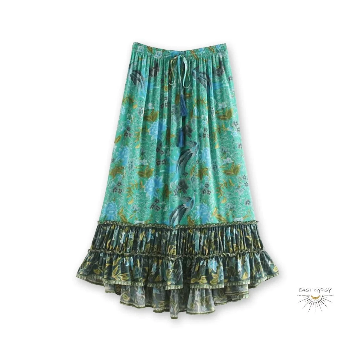 Green Jewel Floral Boho Midi Skirt, Fall Skirt, Gypsy Skirt, Hippie Skirt, Boho
