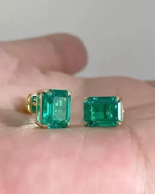 Natural Emerald 4.20CT Emerald Cut Women's Stud Earrings 14k Yellow Gold Plated - Image 2 of 4