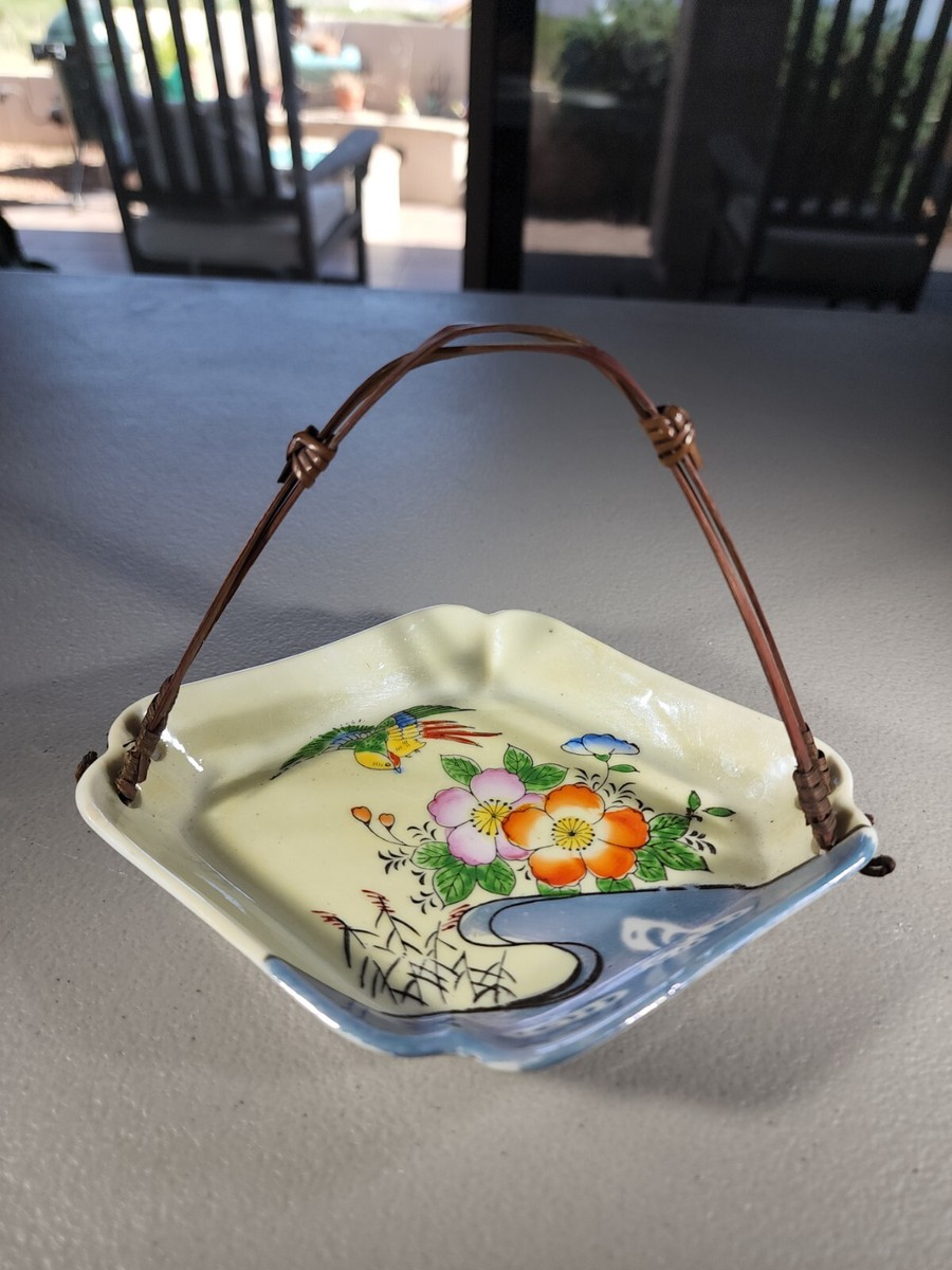 Vintage Japanese Bird Plate, Woven Handle, Flowers Hand Painted