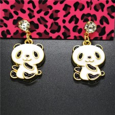 New Fashion Lady White Enamel Cute Chinese Panda Crystal Women Stand Earrings