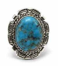 Navajo Handmade Kingman Turquoise Ring in Sterling Silver Size 7.25 by A. Largo