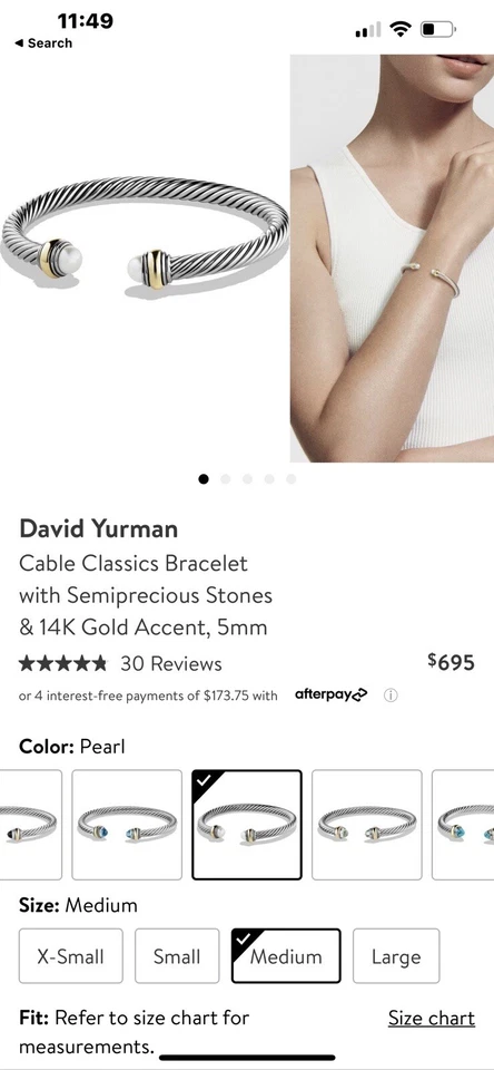 David Yurman кабель классический браслет с жемчугом и 14k золото 5 мм размер средний - Изображение 4 из 4