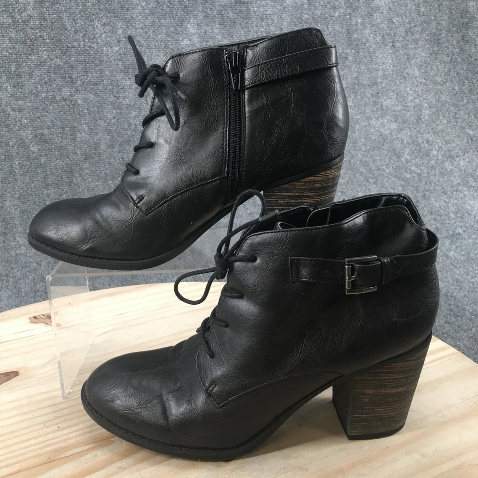 Botas Diba para mujer 9,5 M tacón botines al tobillo negro imitación cuero hebilla con cordones Foto 2 de 4