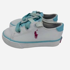 POLO Ralph Lauren Toddler Faux Leather Sneakers Shoes Size 6 White Pink Pony
