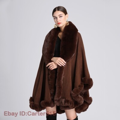 Womens Faux Fur Collar Shawl Jacket Party Casual Winter Warm Cape