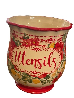 Pioneer Woman Vintage Floral Stoneware Utensil Holder Farmhouse Red Wide  Mouth