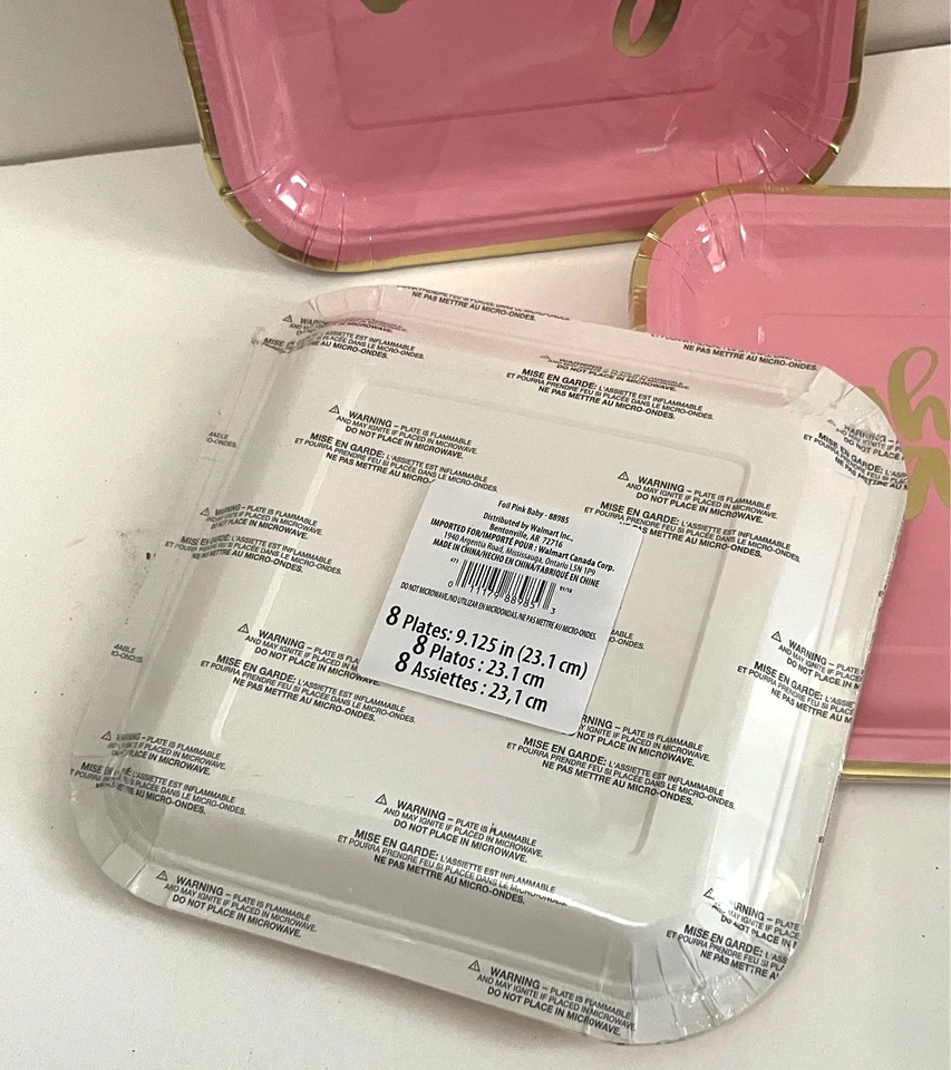 OH BABY 8ct 9 pol. Pratos de papel rosa chá de bebê menina letras douradas lote de 3 NOVO - Imagem 2 de 2