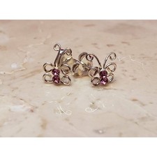 Butterfly Stud Earrings Silver Tone with Pink Stone