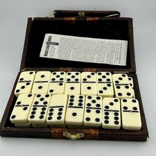Vintage Double Six Domino Set with Red Trim Tiles in Burgundy Vinyl Zip Case