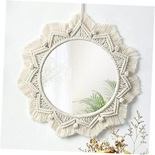Macrame Wall Mirror-15 Inch Round Mirror with Macrame Fringe, Boho Beige
