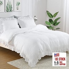 Ruffle Duvet Cover Queen Size, 3PCS Soft Washed Queen 90"x90" White