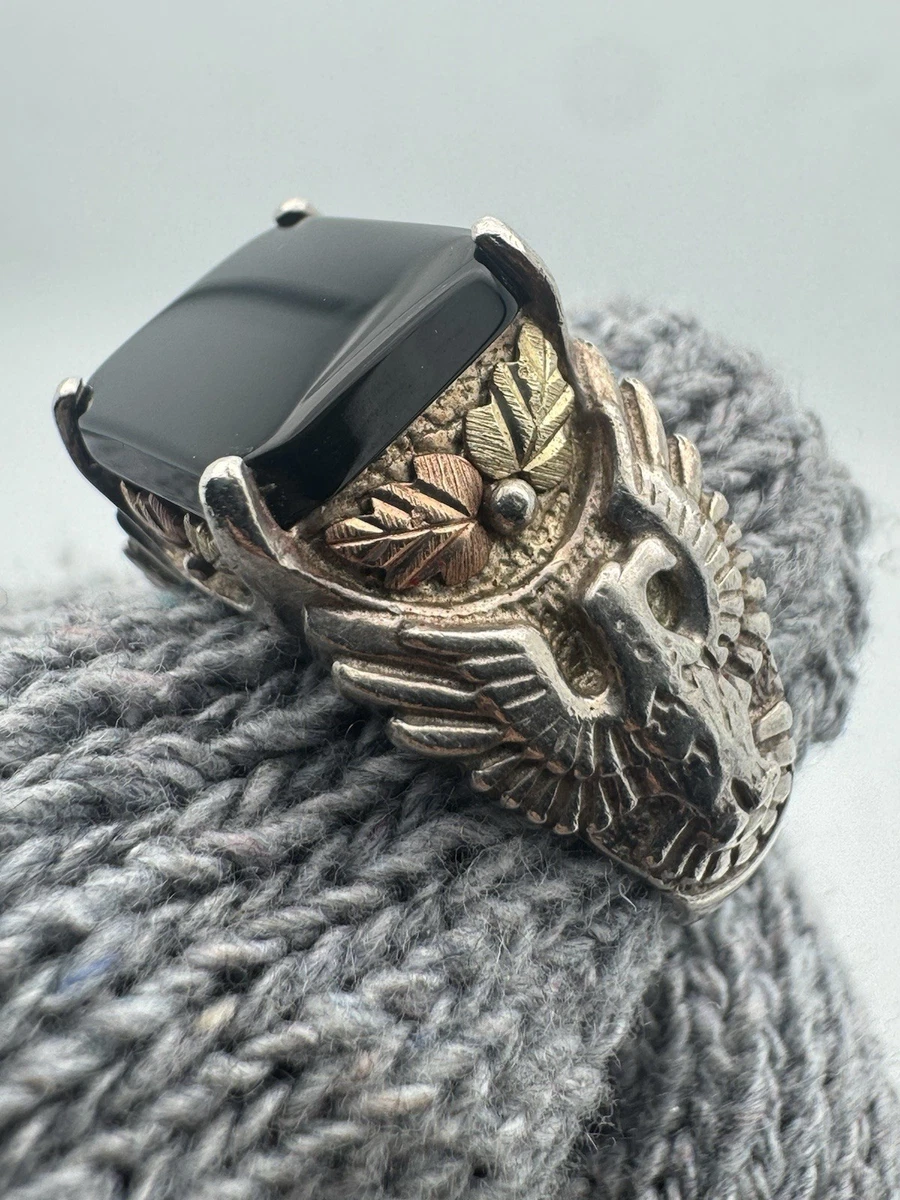 Men's Oval-Shaped Genuine Onyx 14k Gold-plated Sterling Silver Nugget-Style Eagle Ring - PalmBeach Jewelry
