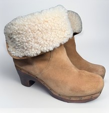UGG Lynnea Fold Over Brown Leather Shearling Cuff Clog Boot 3204 Sz 8 EUC 250