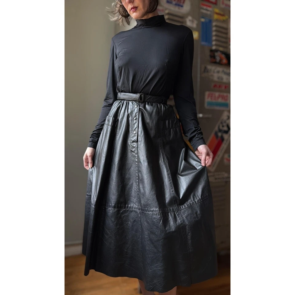 Vintage 70s Long Leather Skirt | High-Waist A-Line Full Skirt Black | Size 4/XS - Image 2 of 4