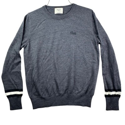 Bally Crewneck Sweater Womens 6 Gray Merino Wool Striped Cuffs Italy Luxury