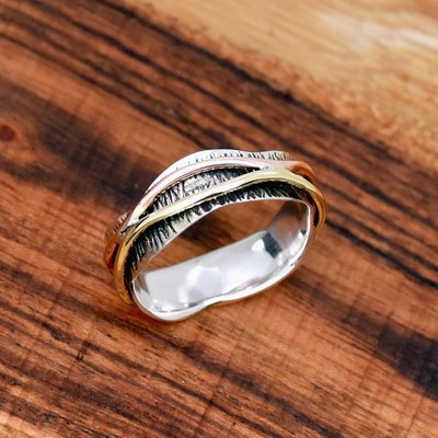 925 Sterling Silver Spinner Ring, Narrow Textured Anxiety Band, Oxidized Stacka