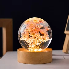 Luminous 3D Dandelion Crystal Ball Beech Wood Stand Base Preserved Flower Sphere