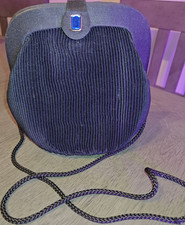 Vintage Black Fabric Evening Bag Chain Strap Blue Gem Clasp Formal Purse