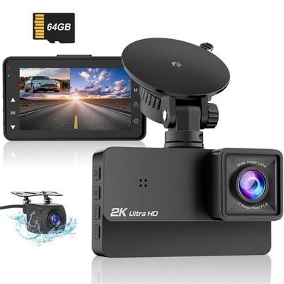 3'' LCD Video Recorder Front & Rear Camera  HD 2K Car Dash Cam w/ 64GB SD Card