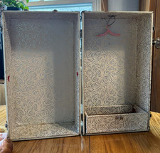 1950's 16" Red  White Metal Doll Steamer Trunk Case w/ Drawer  Hangers