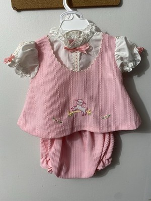 Tiny Tots Originals Pink Striped Dress Set with Bloomers Embroidered