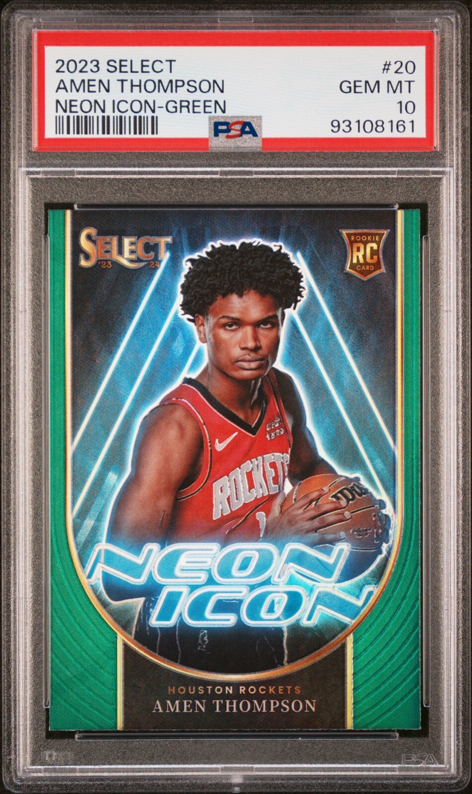 AMEN THOMPSON 2023-24 Panini Select Neon Icon Green Prizm Rookie Rockets PSA 10