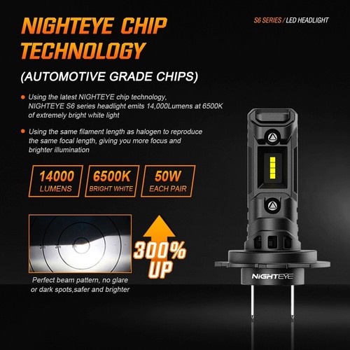 NIGHTEYE 2X H7 LED Headlight Bulbs Kit 50W 14000LM Hi-Lo Beam 6500K Super Bright - Picture 3 of 11