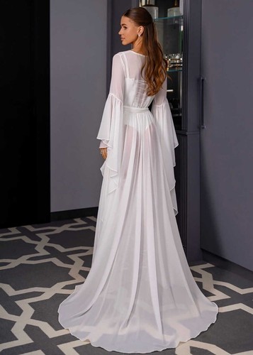 Chiffon V-Neck Puffy Sleeves Dress Wedding Dresses A-Line Bridal Morning Robe - Picture 5 of 14