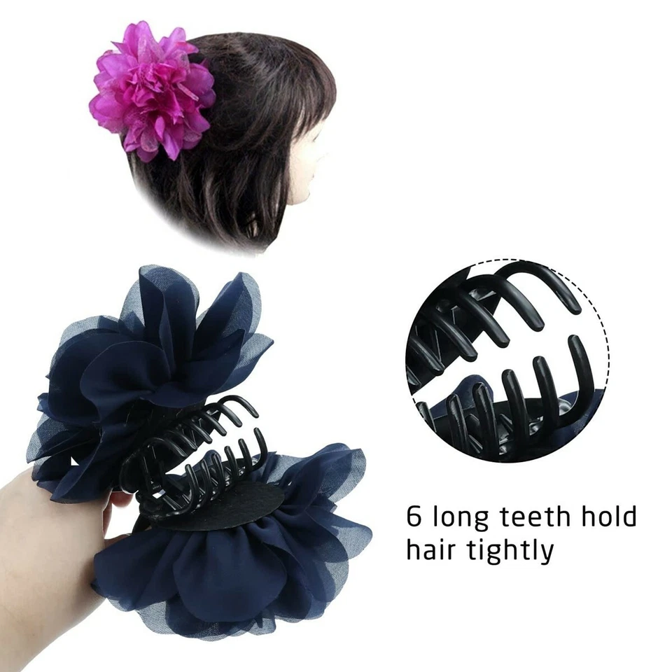 2 peças grampos femininos de chiffon grande flor laço plástico garra cabelo grampos pães - Imagem 3 de 4