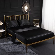 Satin Bed Sheet Set 4-Piece Black Full Size Soft Deep Pocket with Pillowcases
