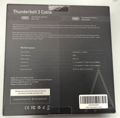 Maxonar Thunderbolt 3 Cable, 40GBPS Data Throughput, Dual 4K 60Hz Video