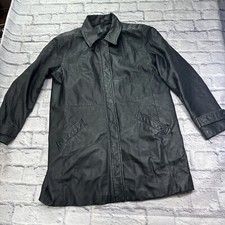 Jacqueline Ferrari Black Mid Length Leather Coat Size Large Zip Snap Close