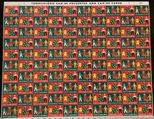 1954 Christmas Seals Full Stamp Sheet U.S. Children Holding Hands. Xmas Tree