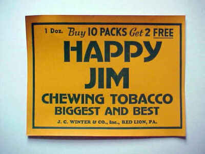 Vintage Happy Jim Chewing Tobacco J C Winter & Co Red Lion PA Box Label