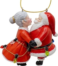 Santa and Mrs Claus Kissing Wrapped in Lights Christmas Tree Ornament