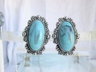 Vintage Portrait Frame Faux Turquoise Acrylic Cabochon Earrings Clips Silvertone