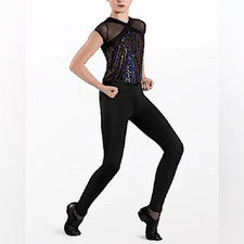 WEISSMAN Dance Costume unitard jumpsuit blue sequin Here 12534 SA Small adult