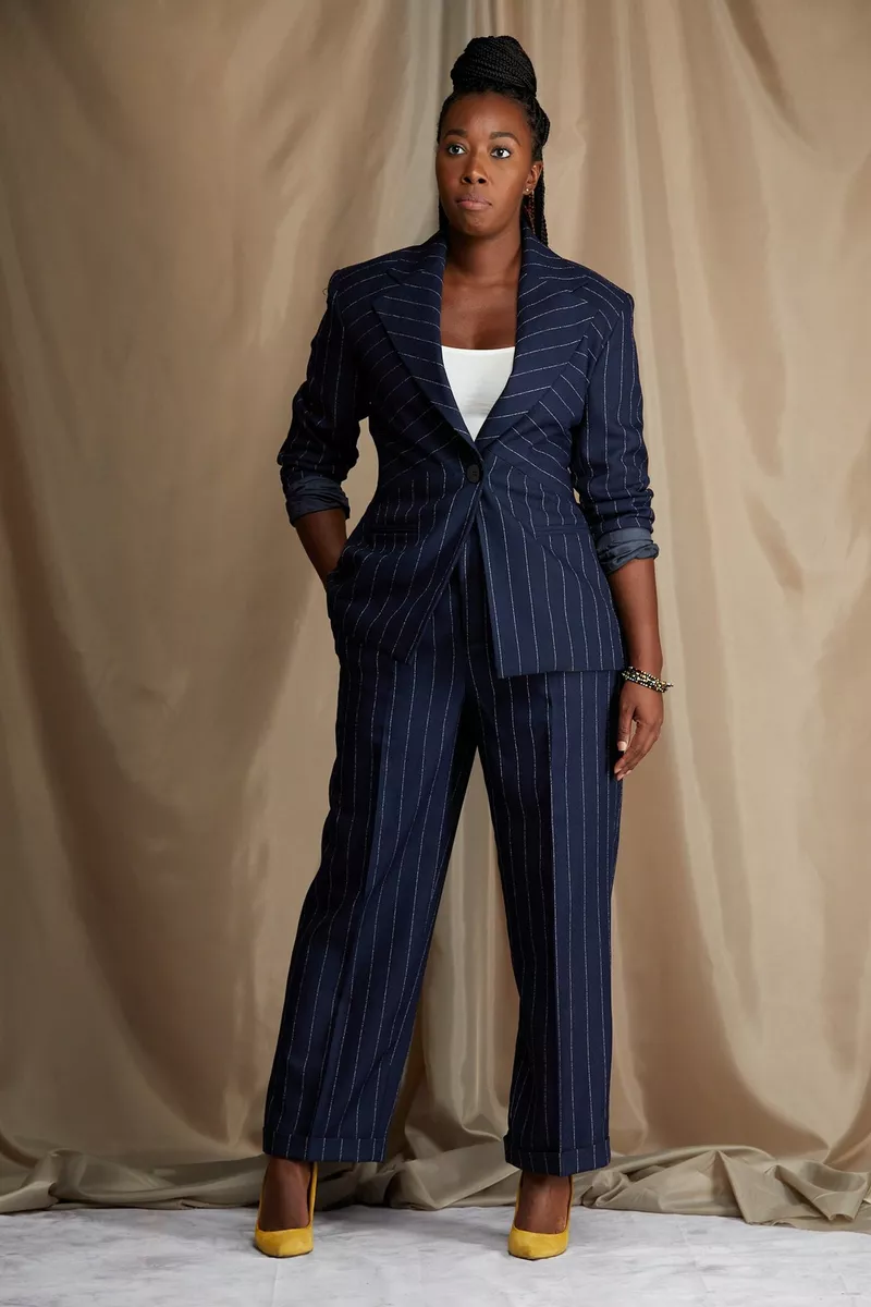 Navy Blue Pinstriped Pant Suit (Size 8)