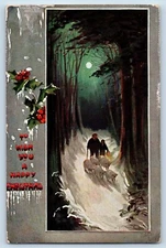 Christmas Postcard Holly Berries Winter Scene Man Grazing Sheep Oilette Tuck