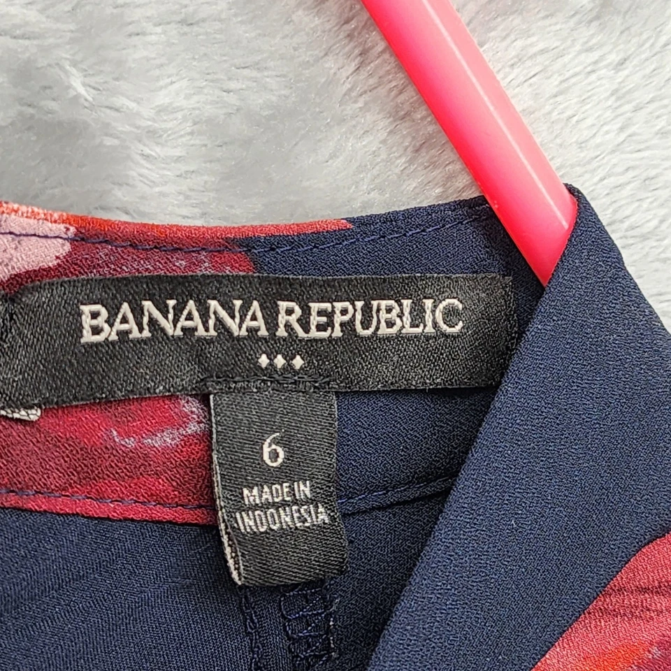 Vestido Banana Republic Feminino 6 Azul Borgonha Rosa Floral Decote Simulado Manga Longa - Imagem 4 de 4