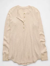 American Eagle Women's Beige Plush Long-Sleeve Henley T-Shirt, XS