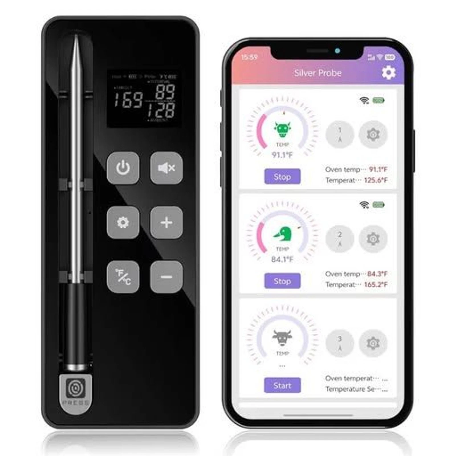 Smart Bluetooth Wireless Meat Thermometer Display Base, NIST ±0.5°F Accuracy