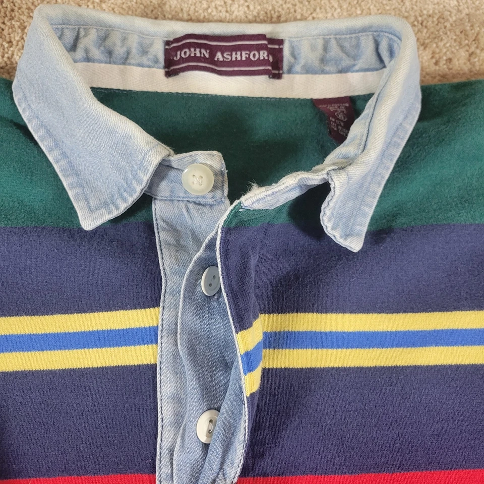 Vintage John Ashford Rugby polo Shirt mens XL Green Colorblock Denim Collar Golf - Image 2 of 4