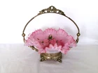 Vintage/Antique GLASS BRIDE'S BASKET in METAL HOLDER - 12.5" Wide 11.5" High