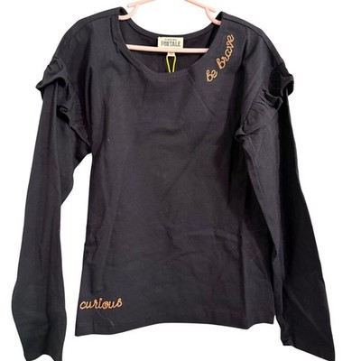 Finding Foxtale Kids Black Long Sleeve Ruffle Shoulder Tee Shirt Size 8