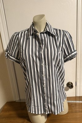 Fashion Bug Women's Monochrome Striped Button Down Shirt Size Small Short Slv