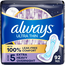 Always Ultra Thin Overnight Pads, Size 5, Unscented, 92 Count (2 Packs)