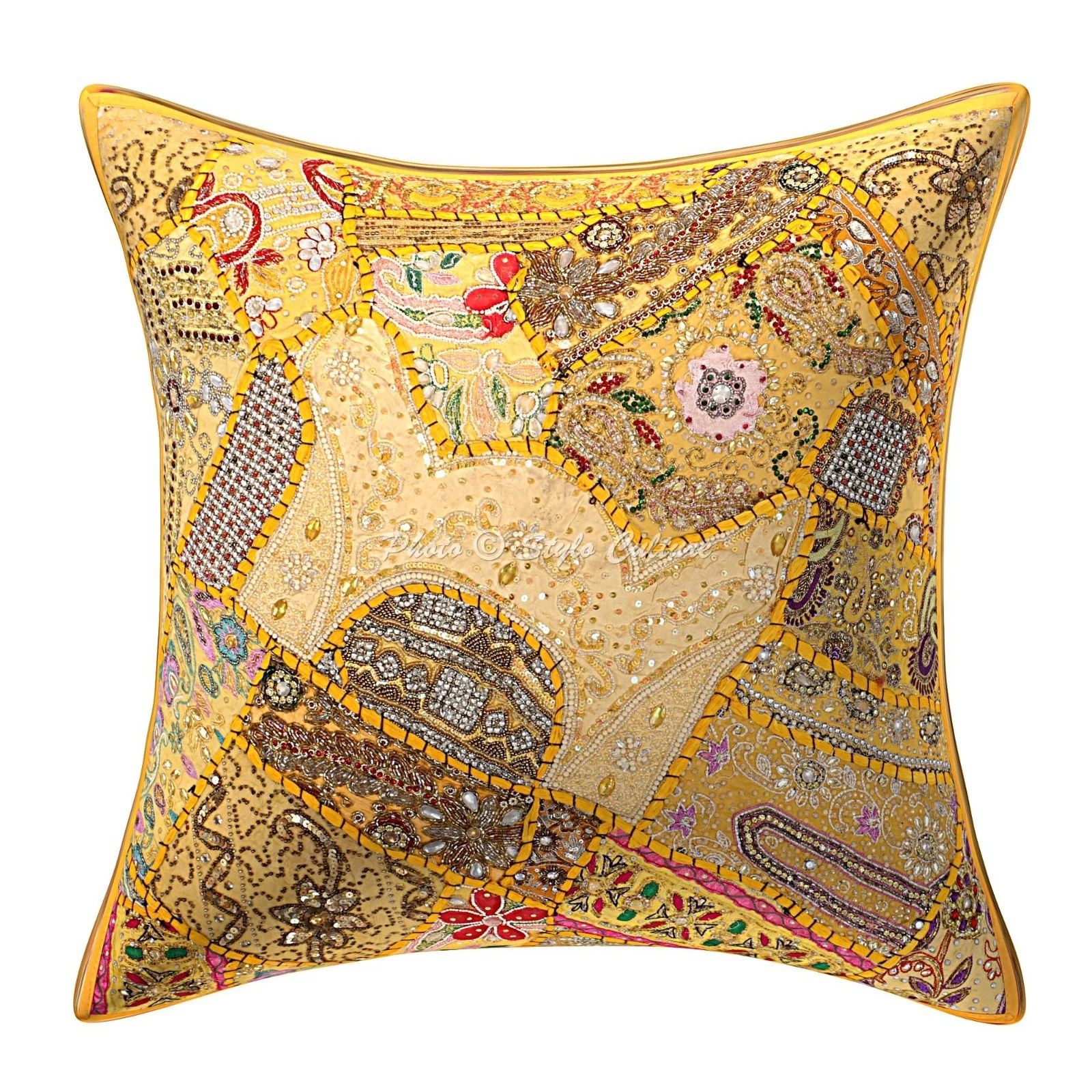 Boho Beaded Patchwork Throw Pillow Cover Cotton Floral Home Decor Cushion Cover