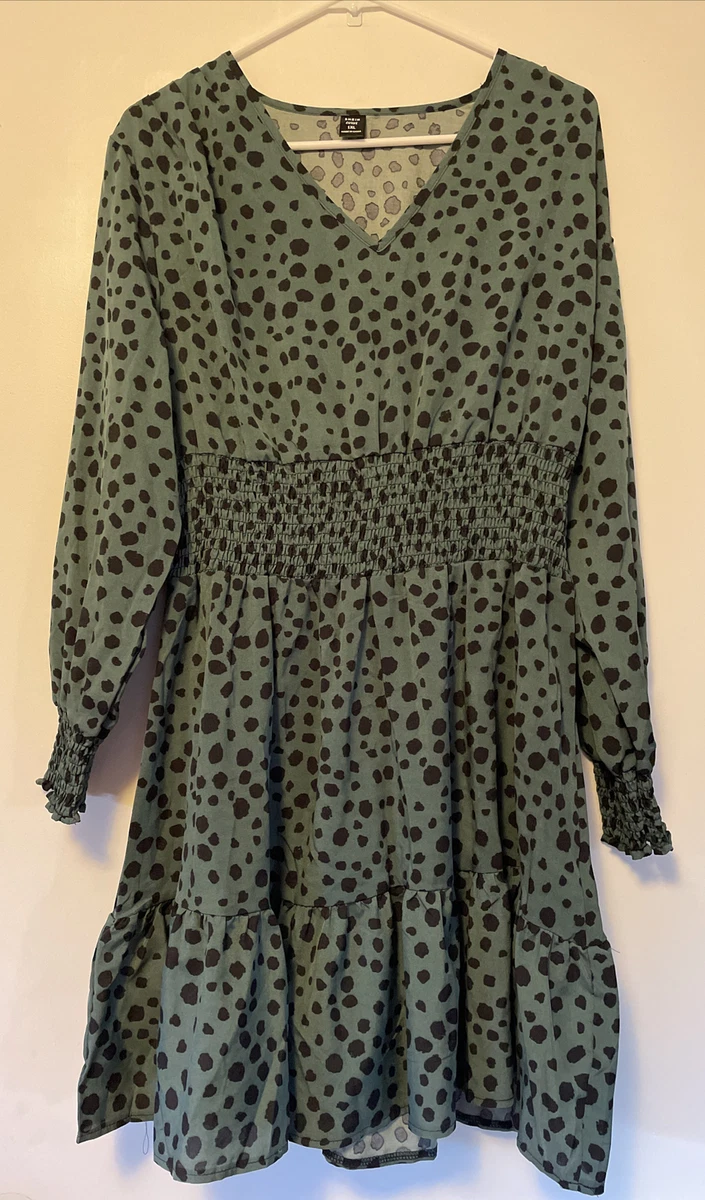 Shein Curve Dress Long sleeve stretch waist XL Dark Green Black Animal  Print 1XL